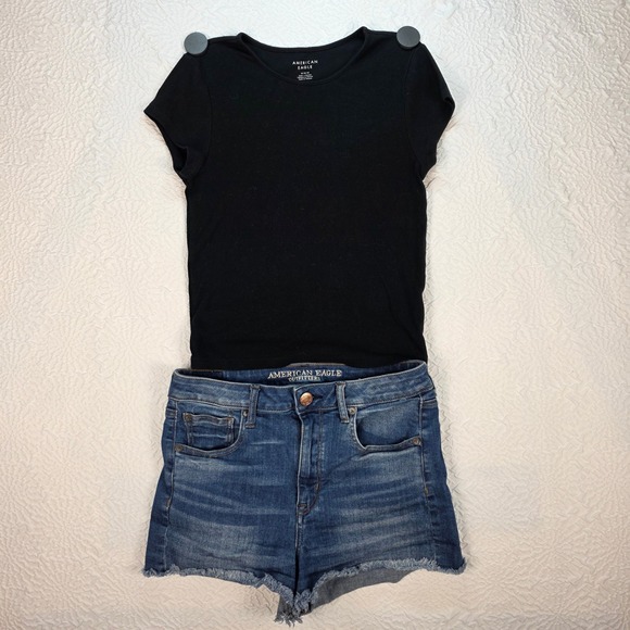 American Eagle Outfitters Other - American Eagle Outfit Bundle Super Hi-Rise Shortie 10 Ribbed‎ Tee M Black Blue